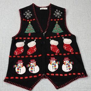 Victoria Jones Womans‎ Size Medium Black Christmas Vest Snowman Stockings Trees